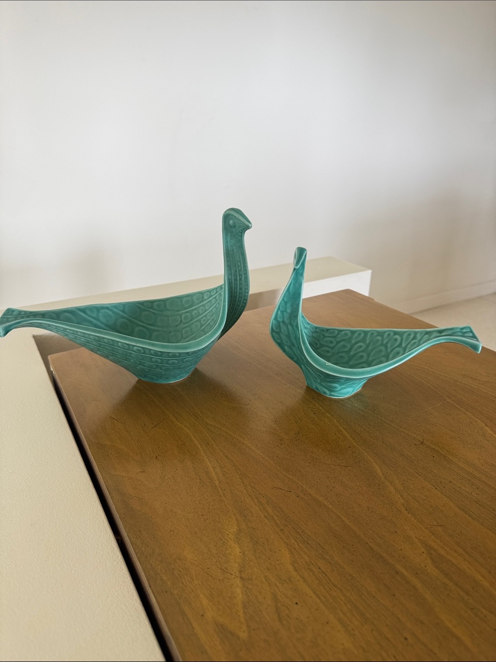 Jonathan Adler Ceramic Bird Dishes in Teal Green